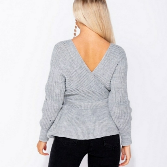 Sweet Sophistication Gray Wrap Peplum Sweater - Picture 3 of 4